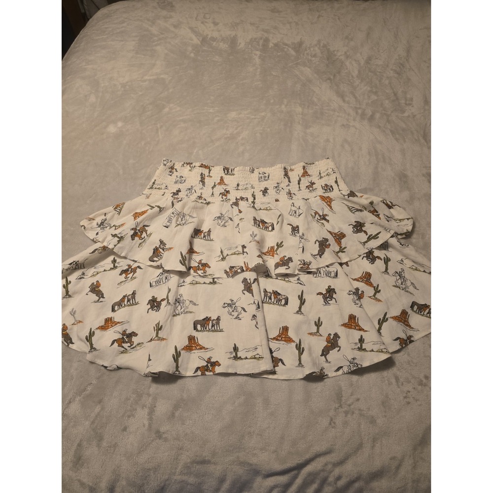 Ariat Skirt White Western Print Smocked Ruffle Tiered Miniskirt Rodeo Cowgirl - Picture 6 of 6